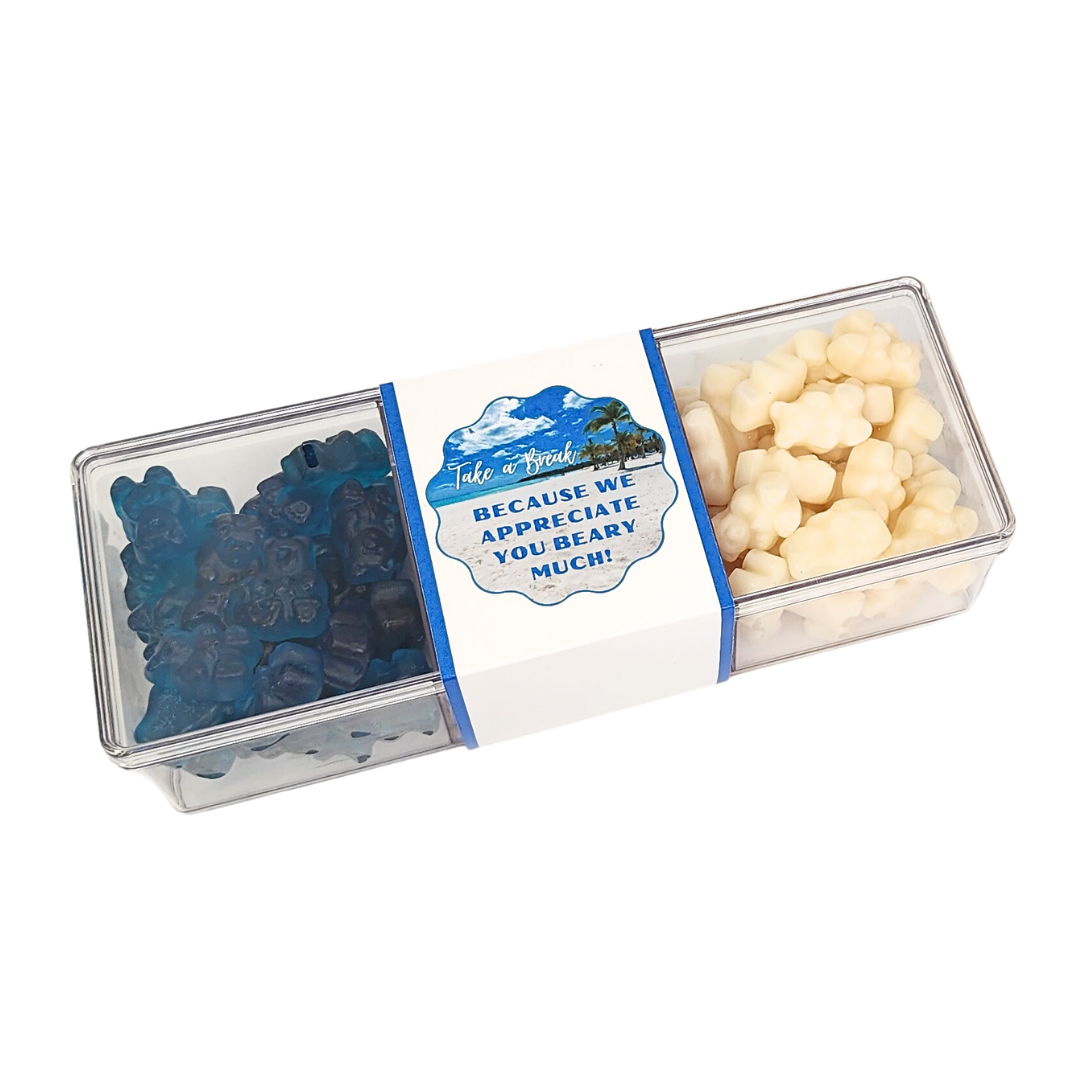 clear divided container with blue and white gummy bears and a belly band label