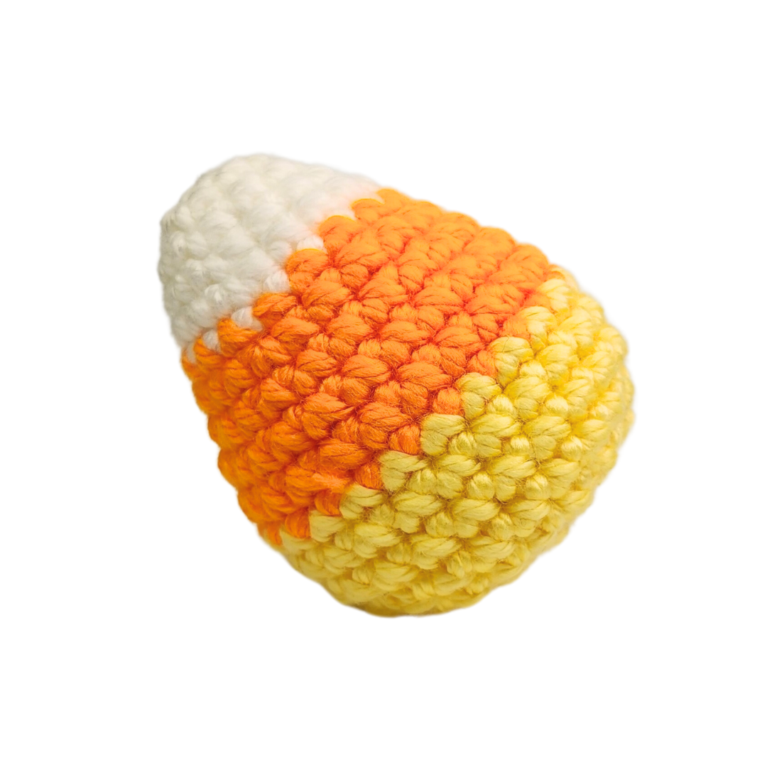 crocheted candy corn shaped catnip toy