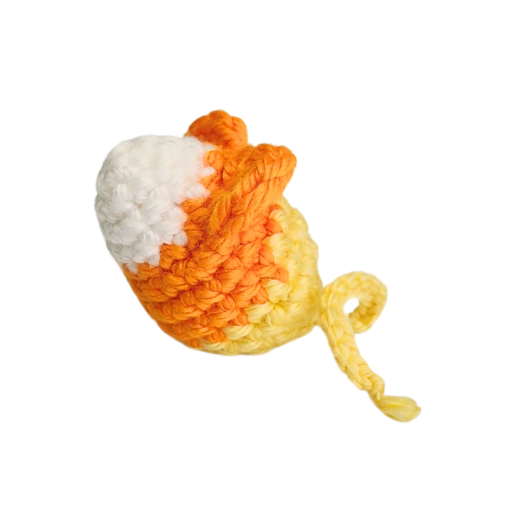 crocheted mouse catnip toy with a candy corn design