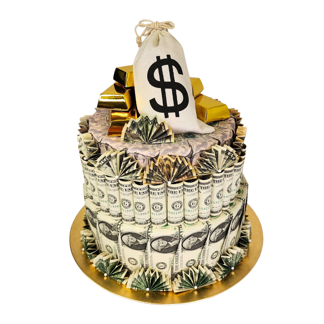 two tiered faux cake created with US currency paper money with a money bag and gold bar topper containing candy
