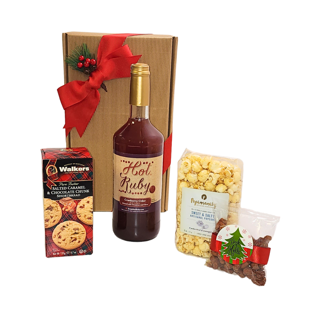 walkers salted caramel chocolate chunk shortbread cookies, popsanity sweet and salty artisanal popcorn, hot ruby cranberry cider, haven gourmet honey roasted cashews, fluted kraft gift box with red bow and pine embellishment