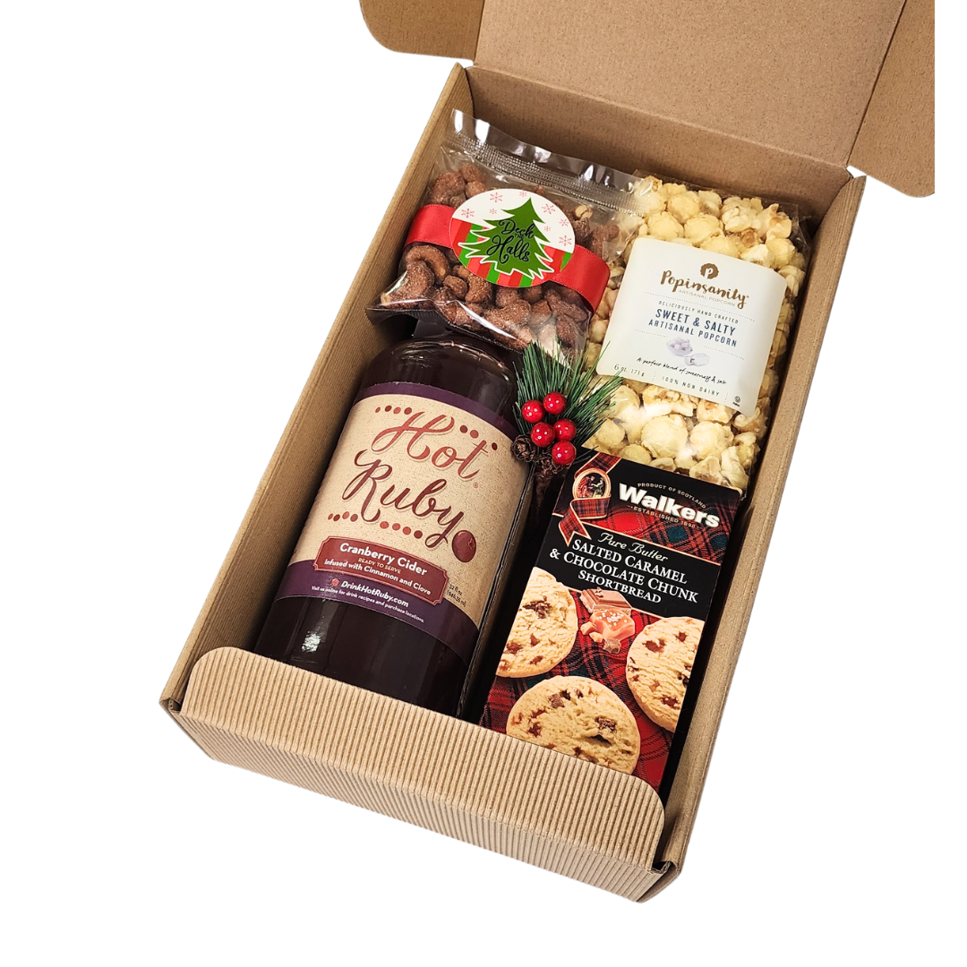 walkers salted caramel chocolate chunk shortbread cookies, popsanity sweet and salty artisanal popcorn, hot ruby cranberry cider, haven gourmet honey roasted cashews in a  fluted kraft gift box