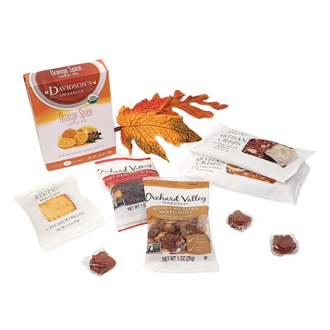 orange spice tea, artisan crisps, lemon shortbread cookie, honey roasted mixed nuts, heart healthy snack mix and maple hard candies