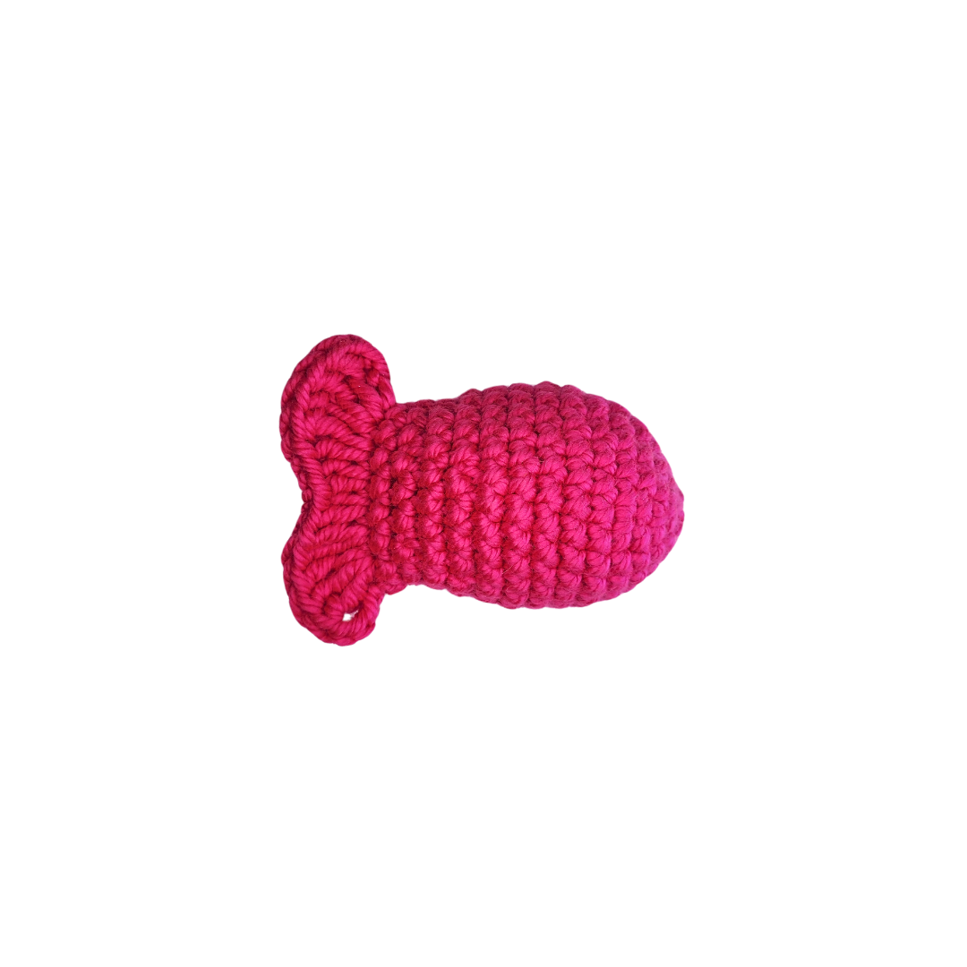 crocheted fishy catnip toys in magenta