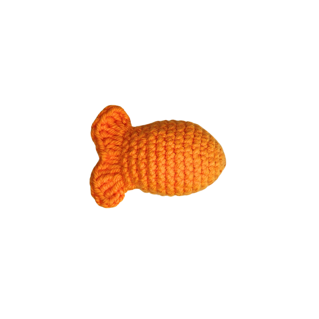 crocheted fishy catnip toys in orange