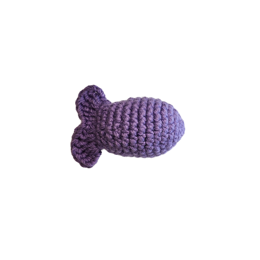 crocheted fishy catnip toys in purple