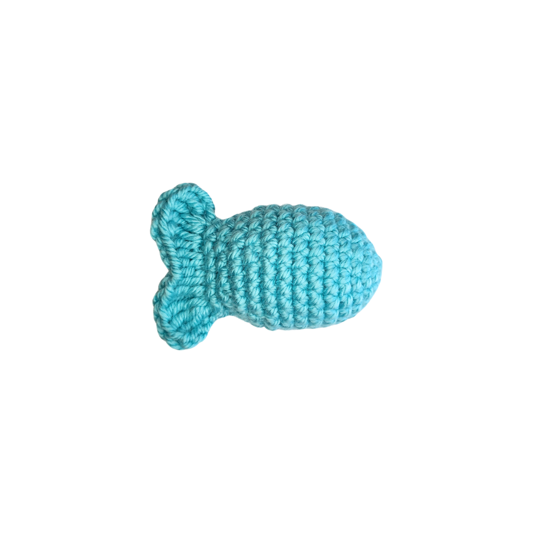 crocheted fishy catnip toys in teal