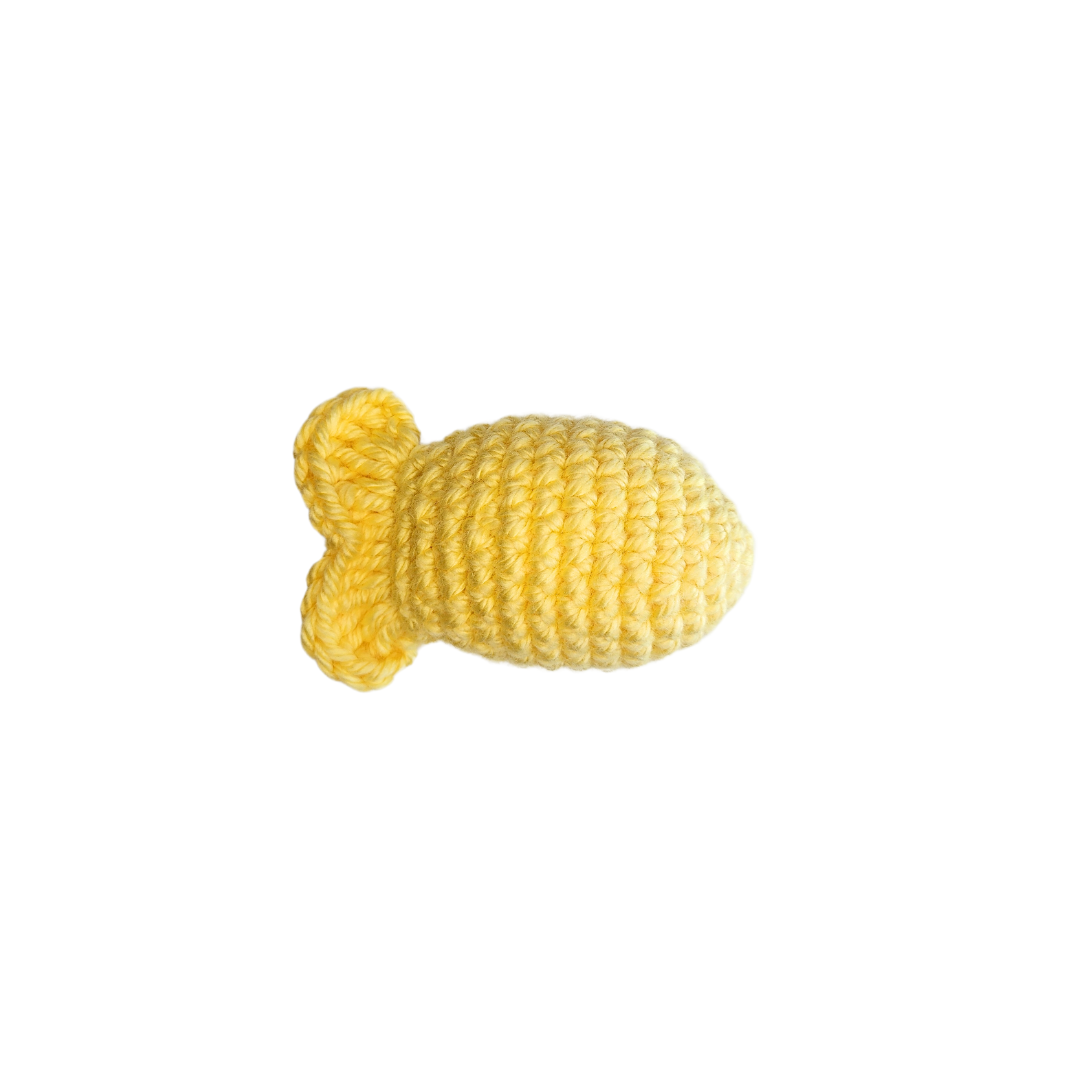 crocheted fishy catnip toys in yellow