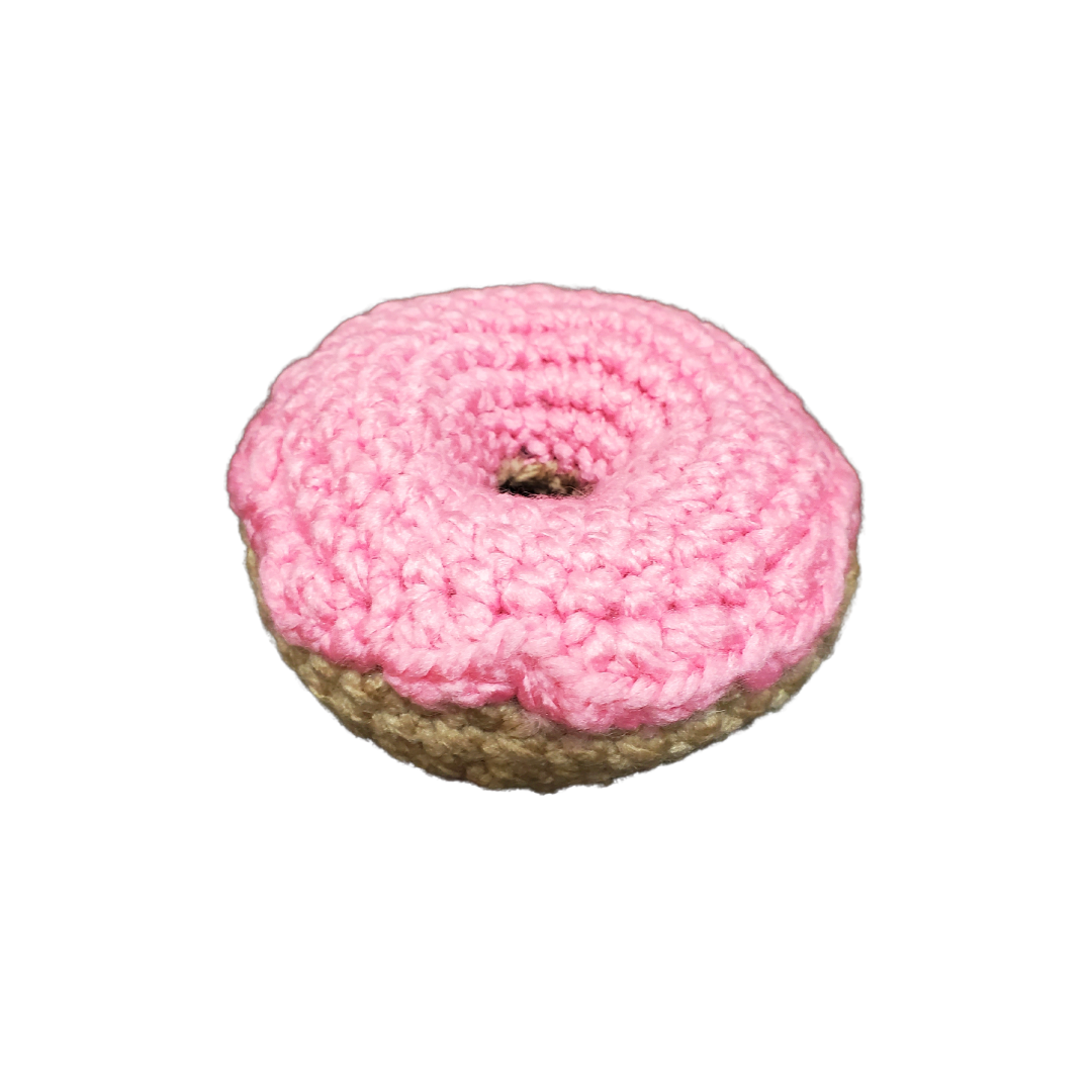 crocheted donut catnip toy with pink crocheted frosting