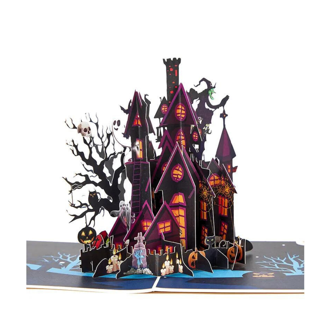 pop up haunted house greeting car with witch, ghosts and pumpkins