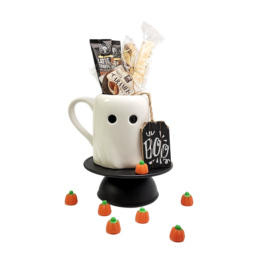 ghost mug with lattes, biscotti and a vanilla caramel includes a black "boo" tag