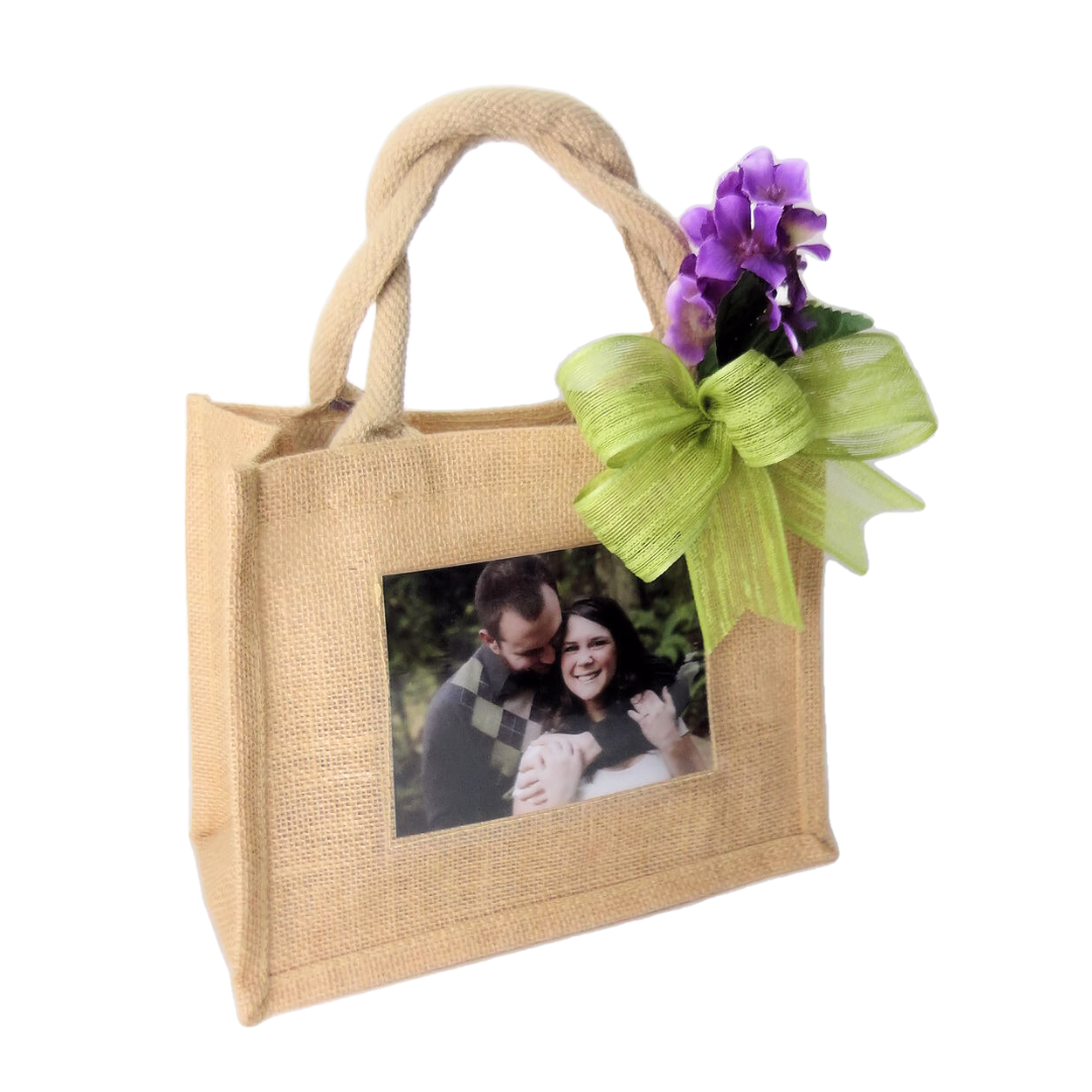 natural jute tote bag with custom photo, green ribbon, purple embellishment