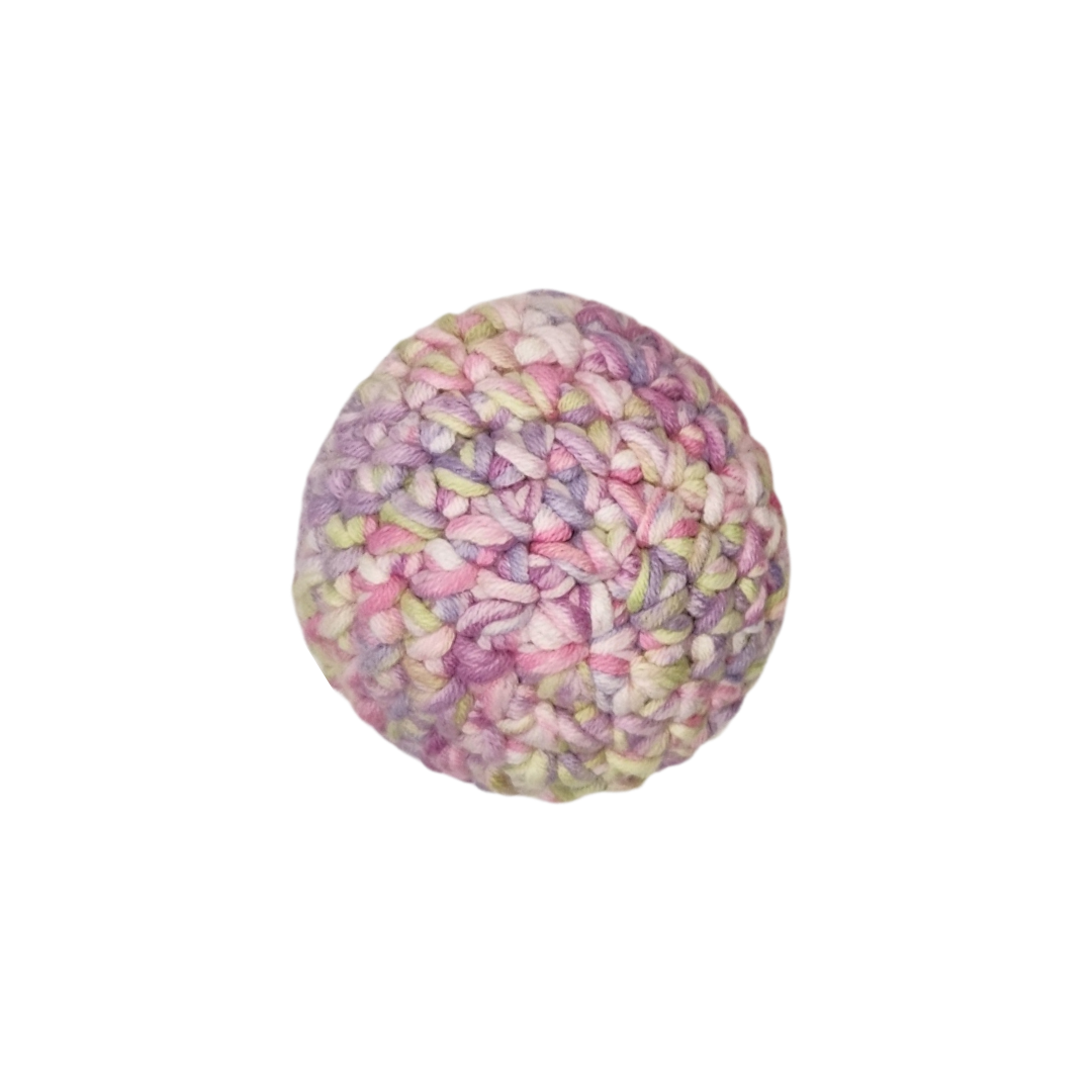 crocheted catnip ball in pastel colors