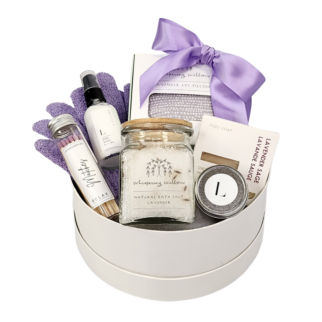 round white hat box with lavender spa products