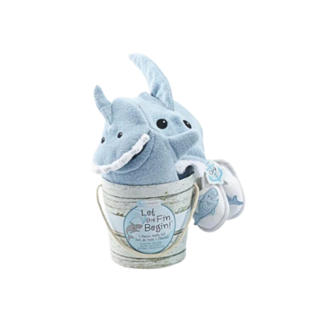 blue shark themed bath set with towel, booties and bath mitt and container