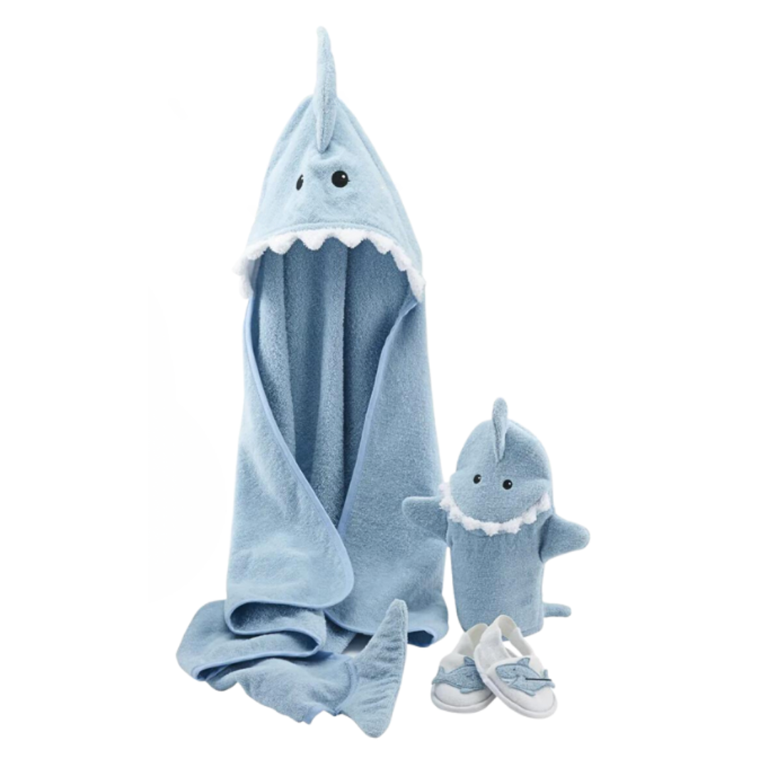 blue shark themed bath set with towel, booties and bath mitt