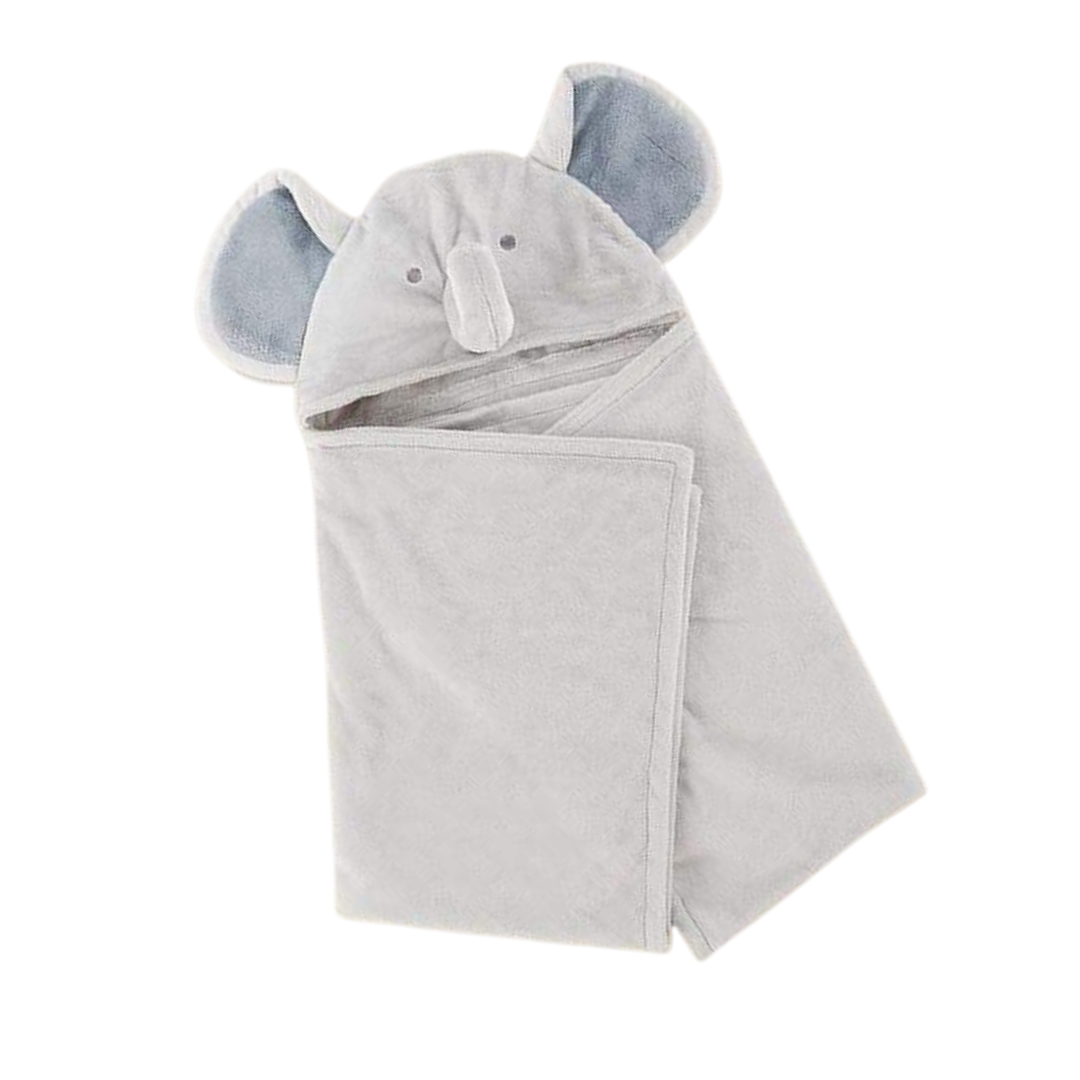 grey blanket that features a hood with the ears, eyes and nose of an elephant