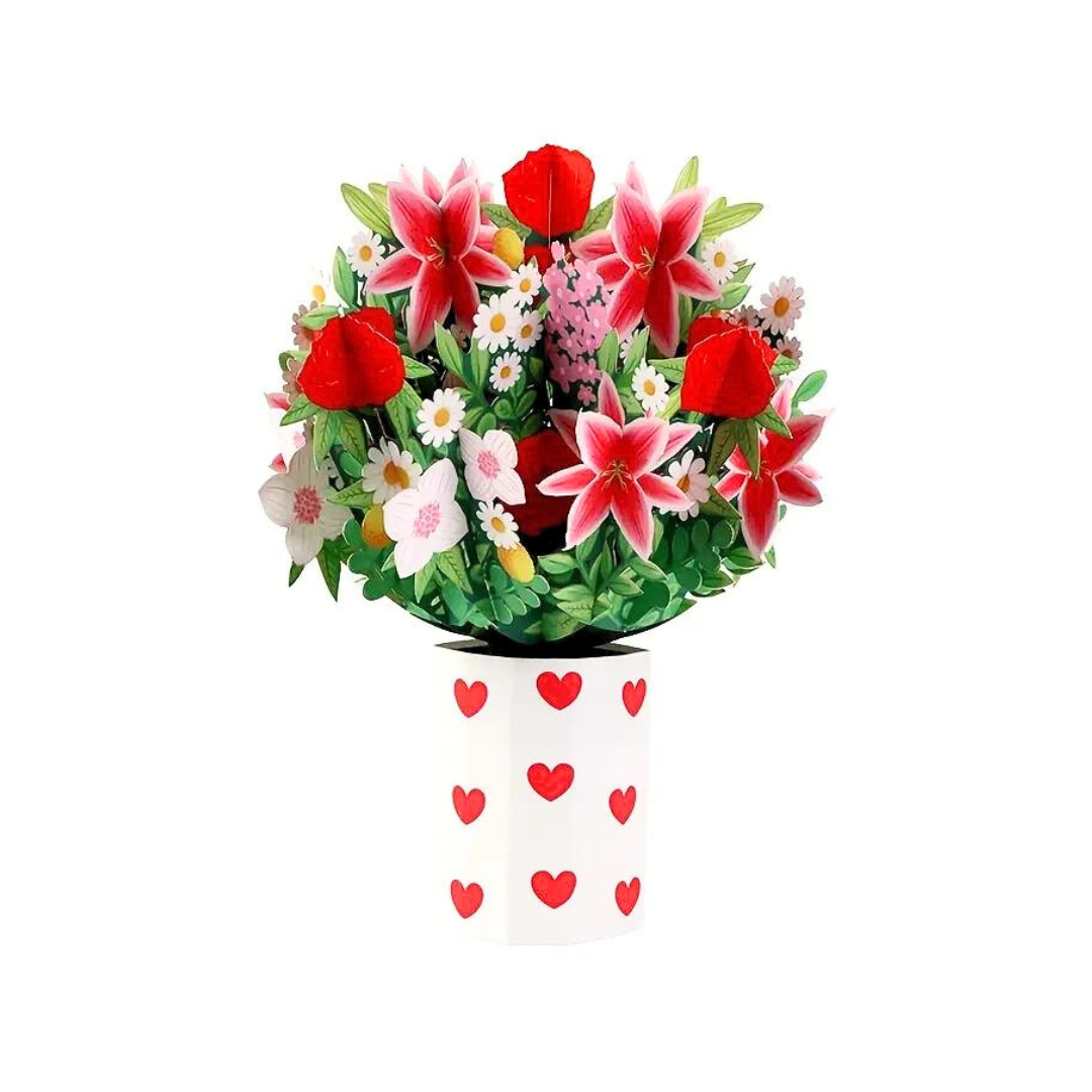 red roses and spring flowers in a white vase with red hearts - pop up greeting card