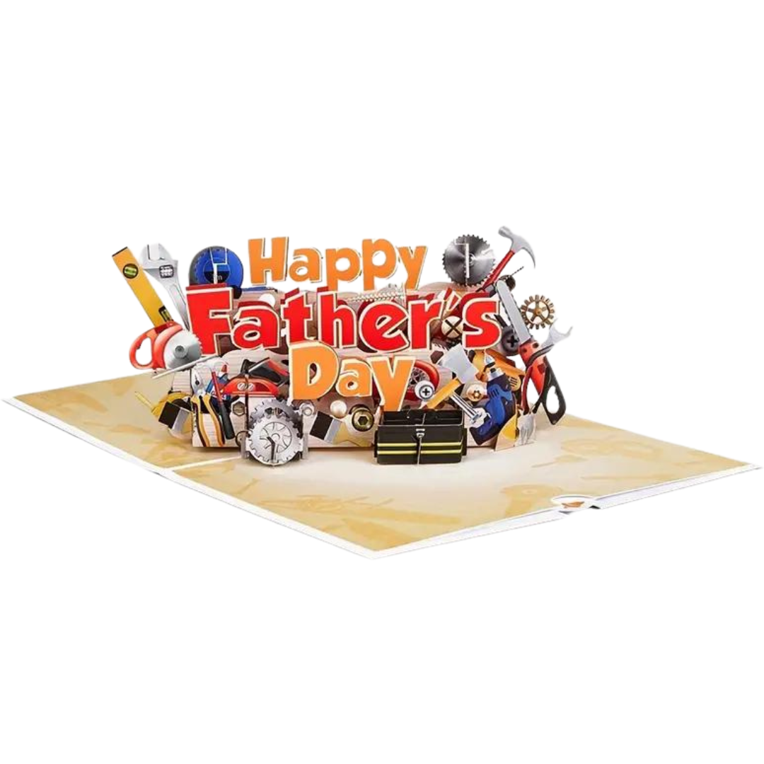 fathers day tool pop up card in the open position showing all of the tools