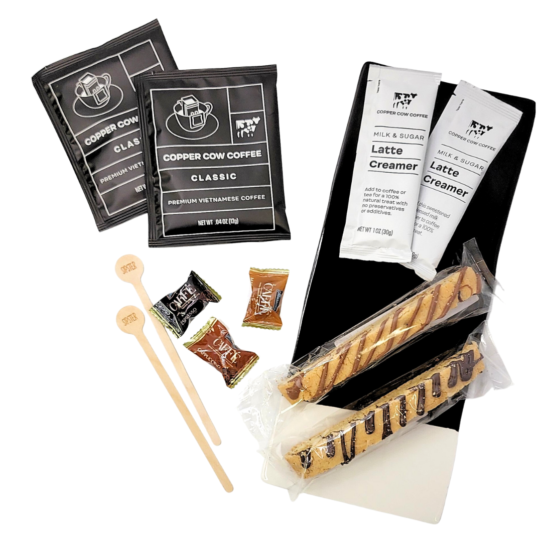 copper cow coffee and creamer, assorted biscotti, sipster stir sticks, coffee candies