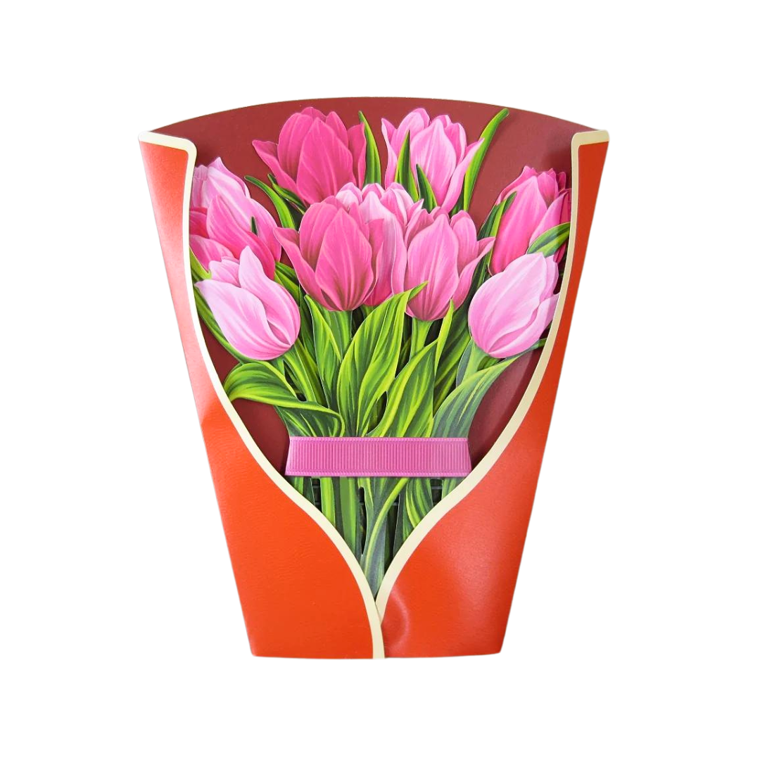 pink tulips with a pink band and red over wrap