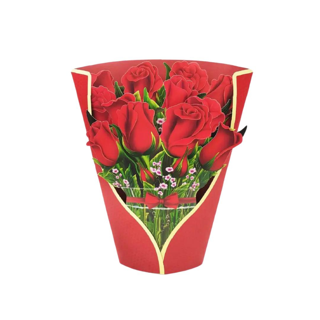 3d red rose pop up greeting card bouquet with outer wrap