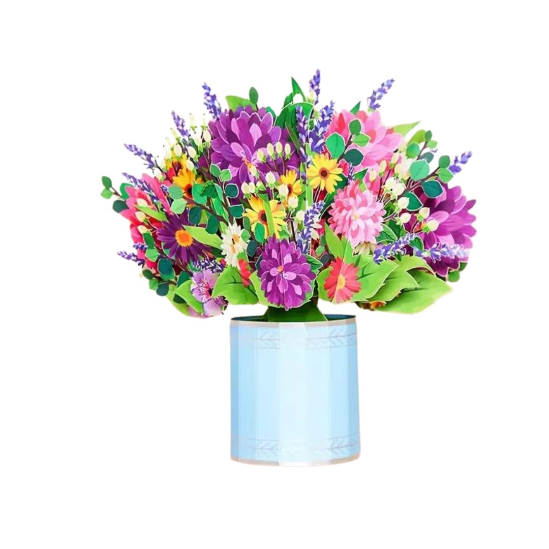 3d greeting card of brightly colored spring flowers in a blue vase 