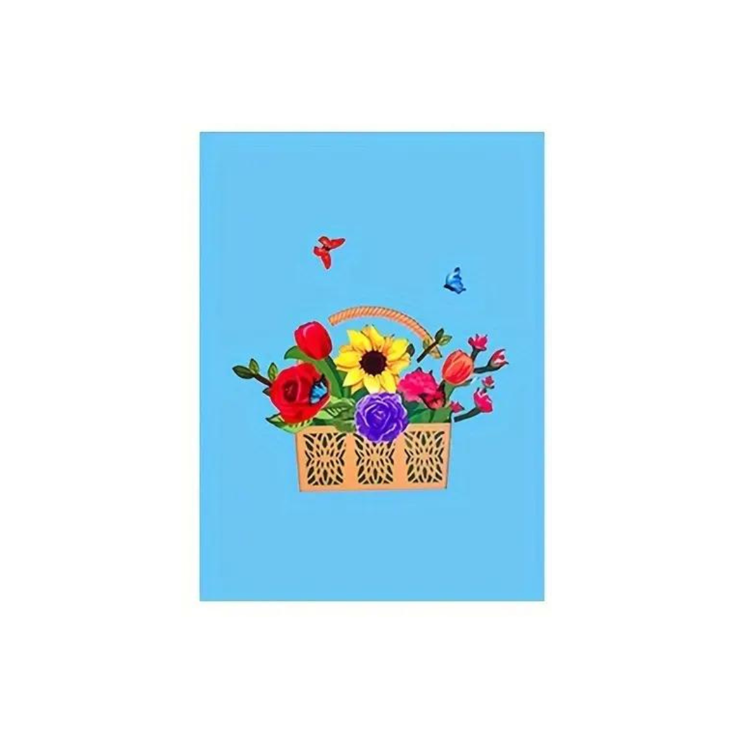 blue card front with  a basket of colorful flowers