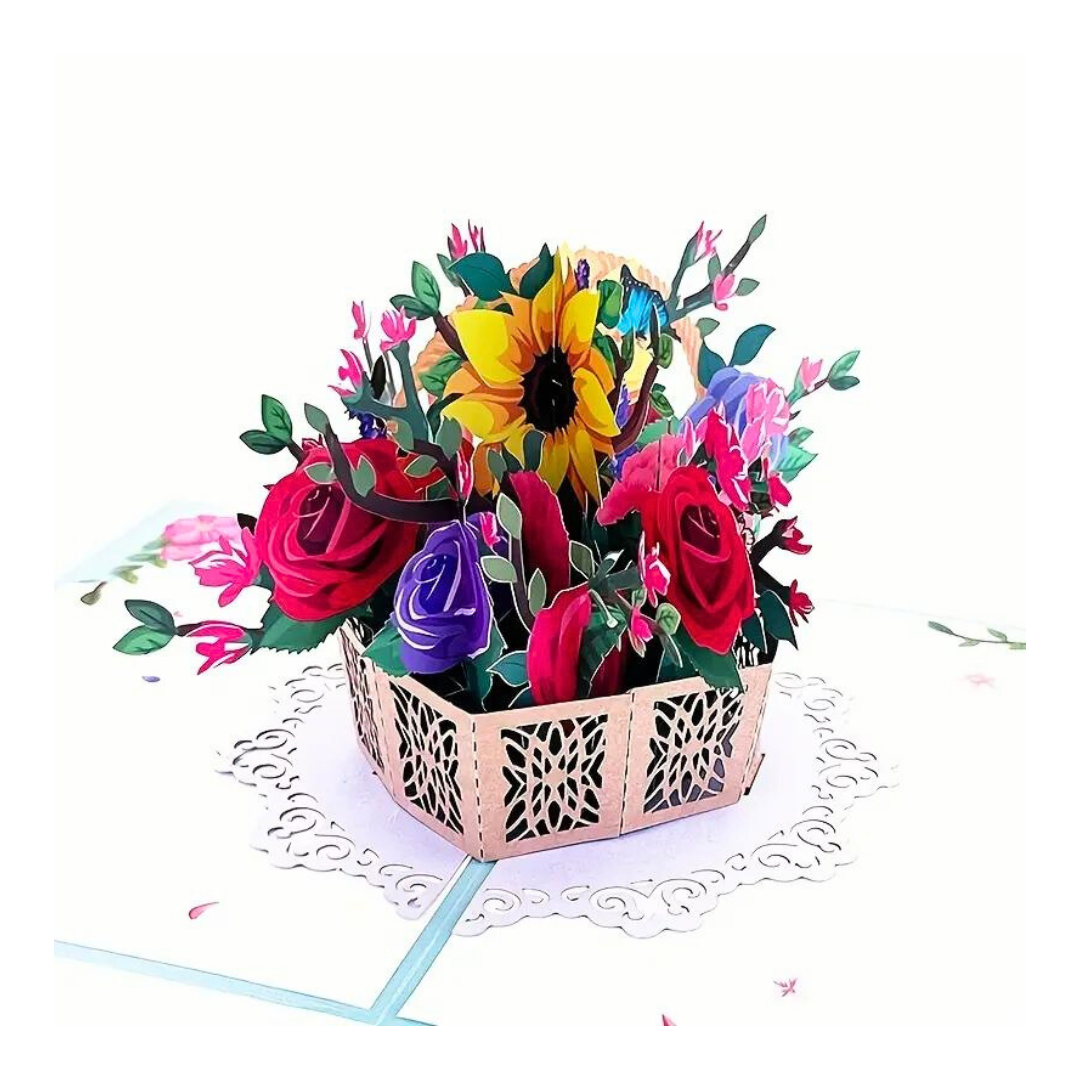 opened card with all of the colorful blooms popped up in their basket