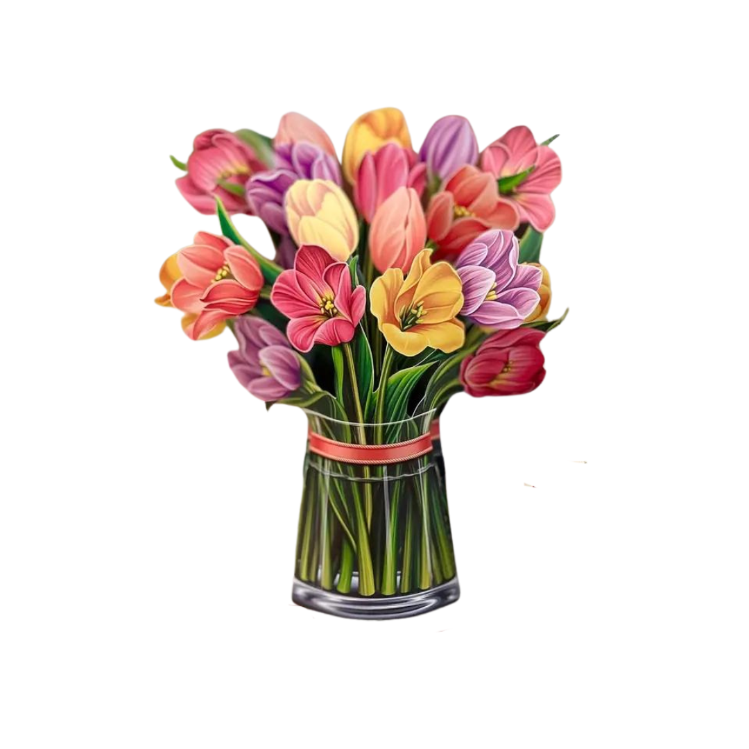 greeting card bouquet of brightly colored tulips