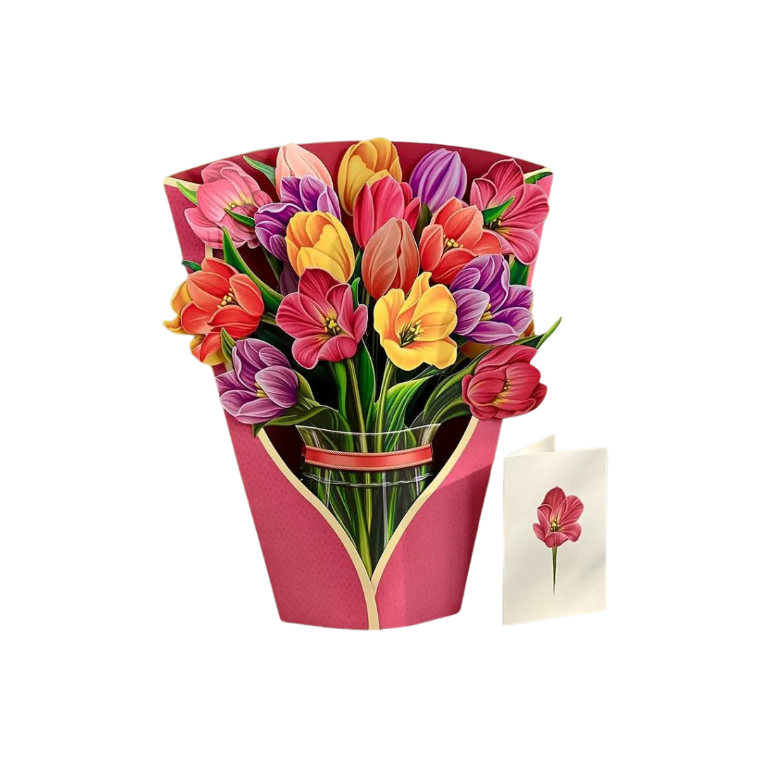 greeting card bouquet of brightly colored tulips with enclosure card and overwrap
