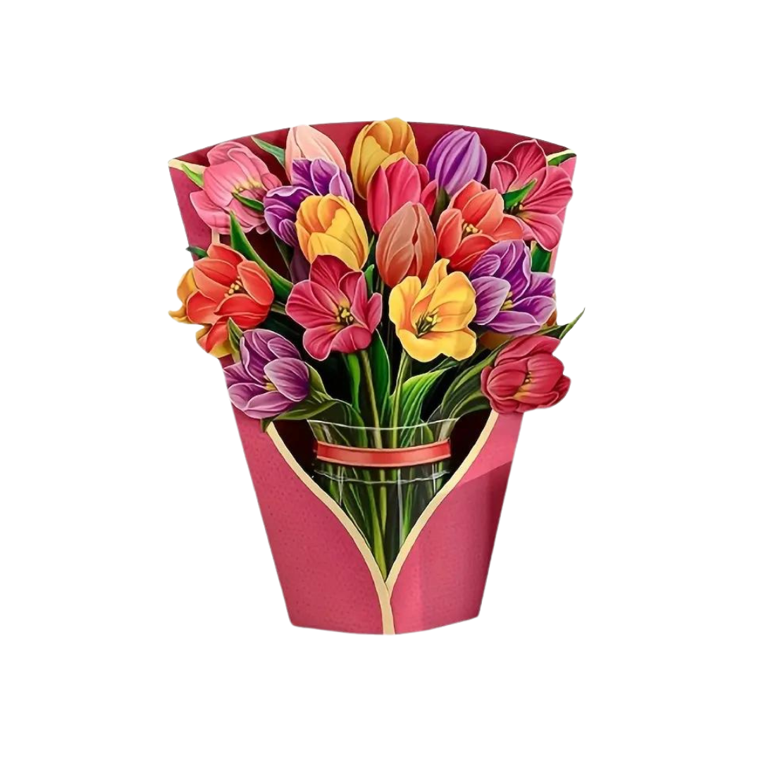 greeting card bouquet of brightly colored tulips and overwrap