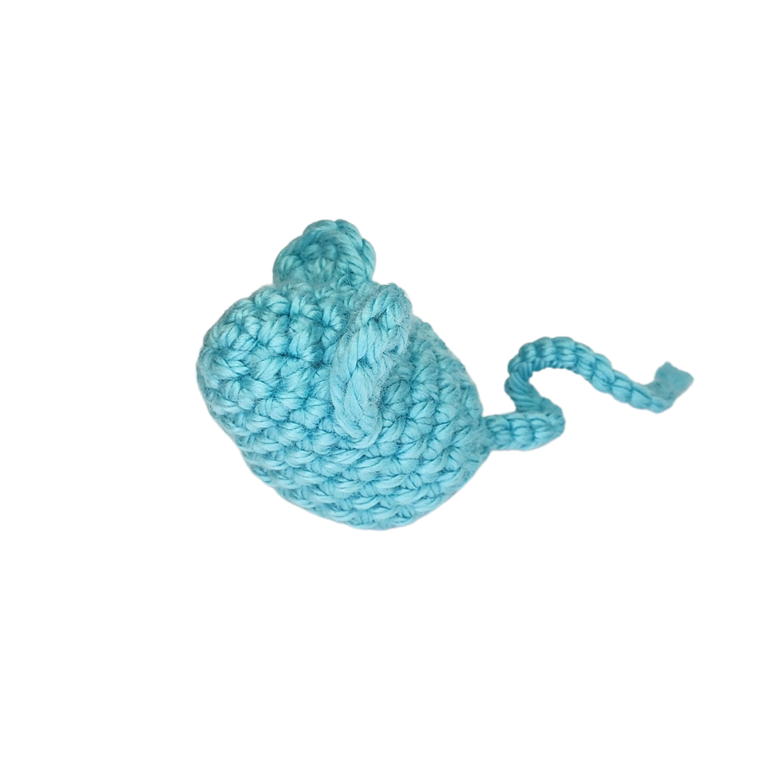 crocheted mouse in turquoise blue