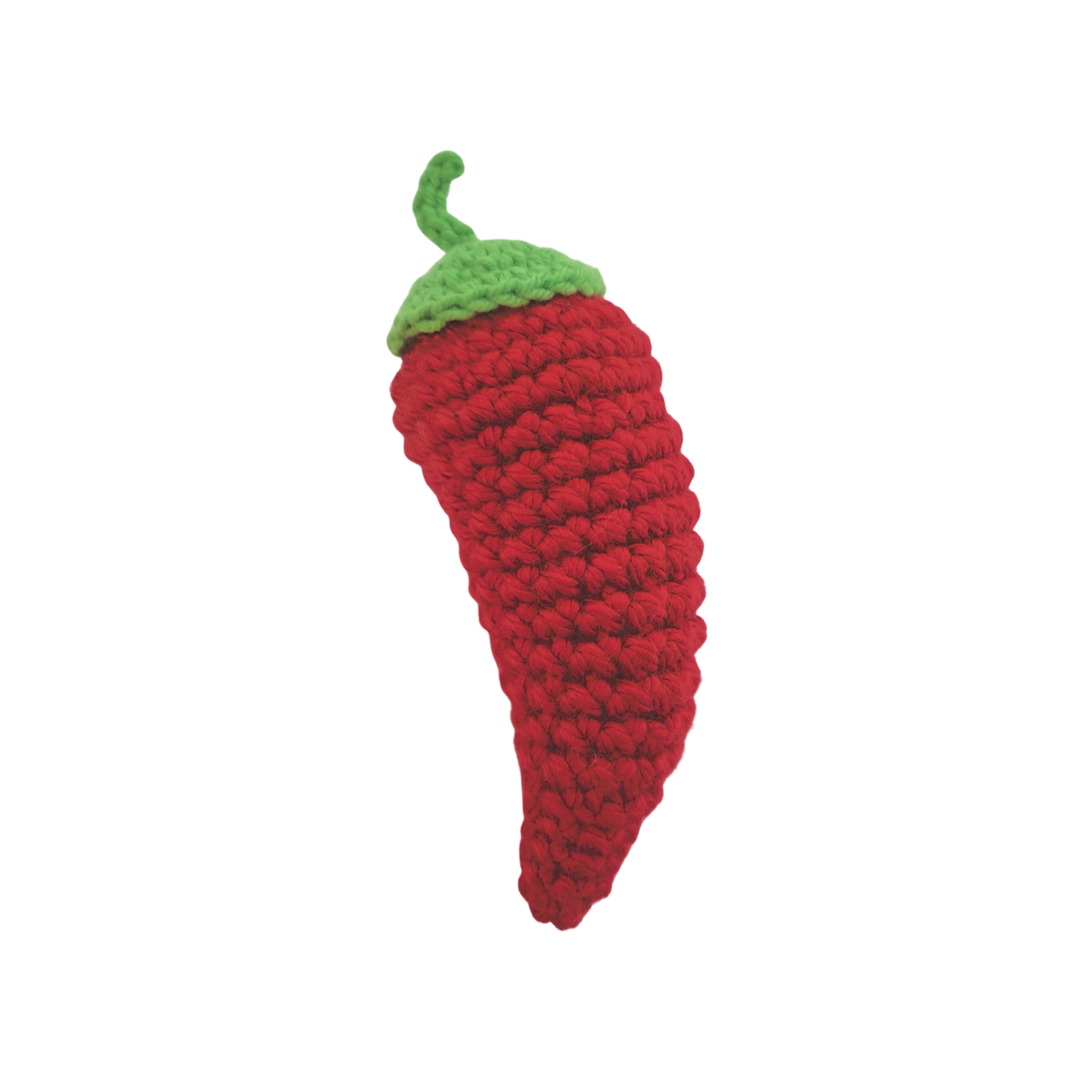 red chili pepper crocheted cat toy filled with catnip
