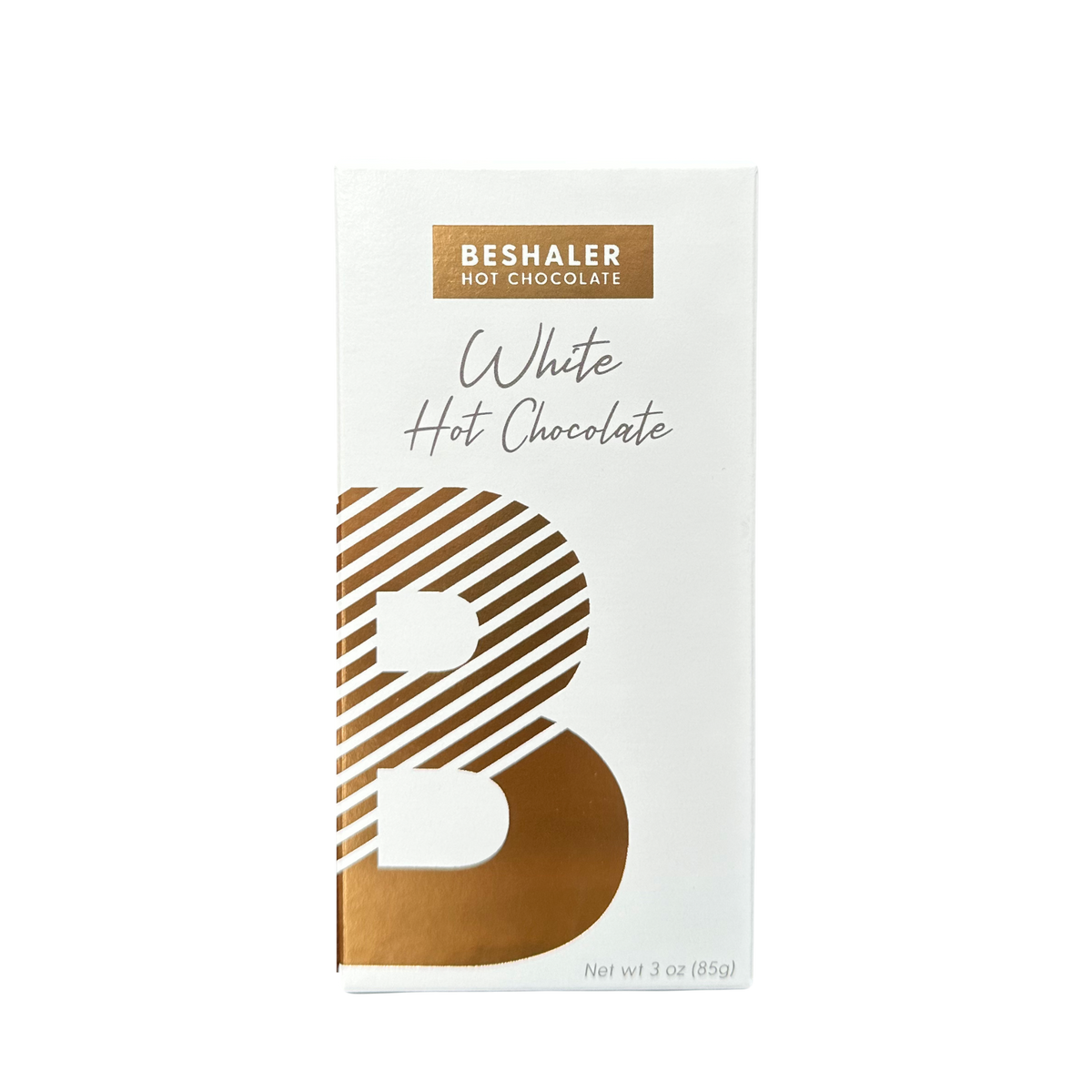 White Hot Chocolate package featuring a white and gold design with a prominent letter 'B', ideal for creating creamy, rich hot chocolate servings.