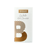 White Hot Chocolate package featuring a white and gold design with a prominent letter 'B', ideal for creating creamy, rich hot chocolate servings.