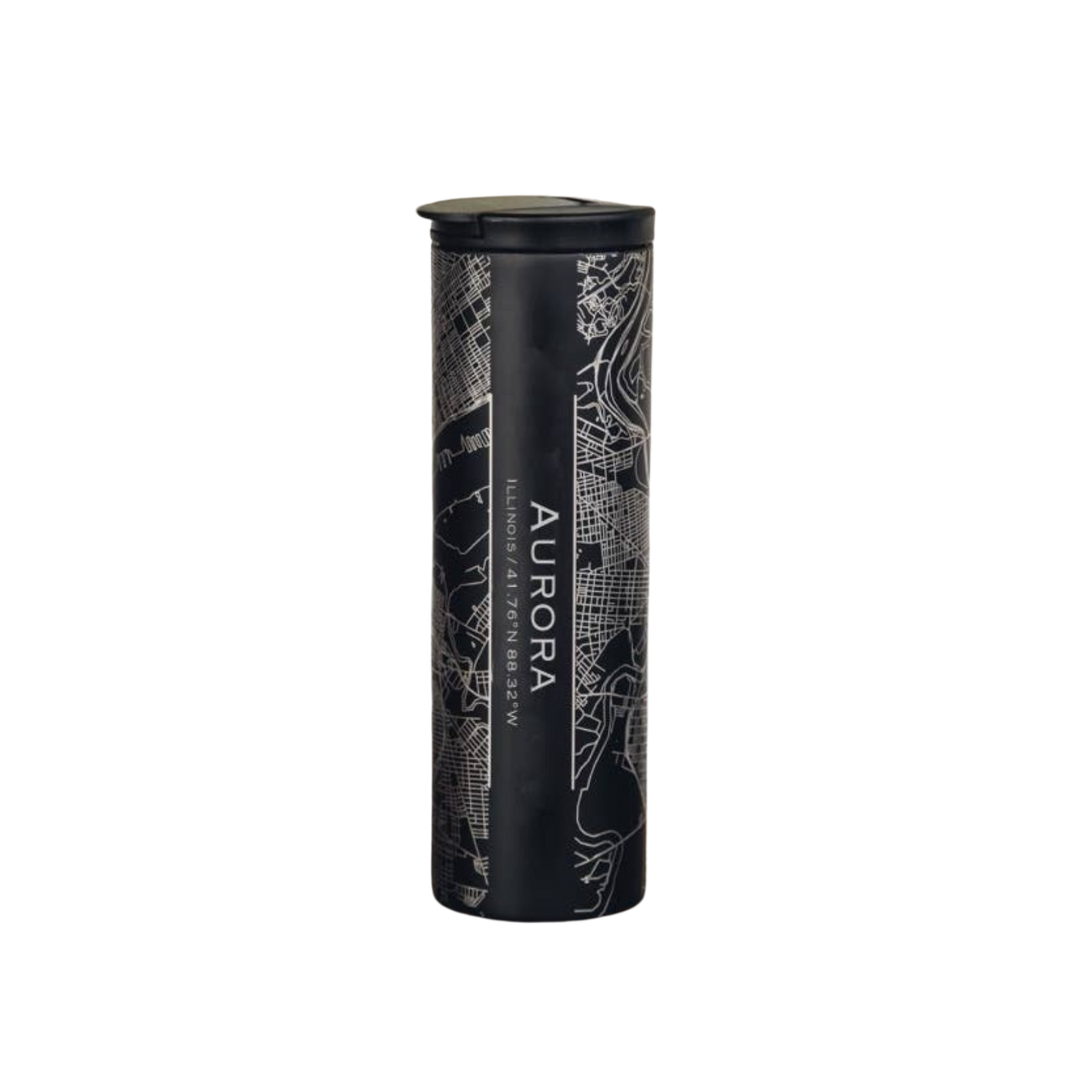 Aurora IL Stainless Insulated Tumbler with engraved city map, featuring double-wall insulation in a sleek black cylindrical design, ideal for local spirit enthusiasts.