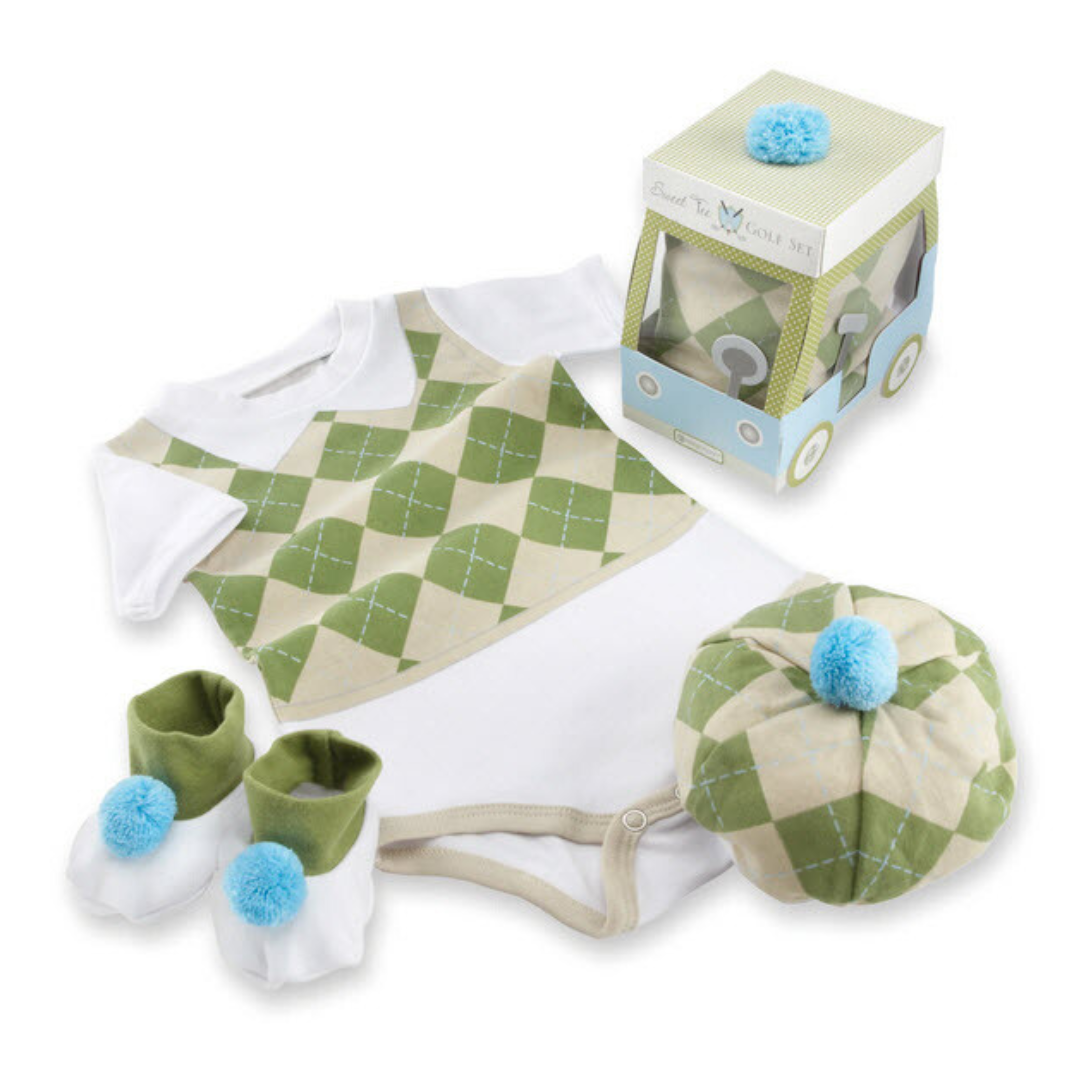 beige and green argyle bodysuit, tam and booties with golf cart box