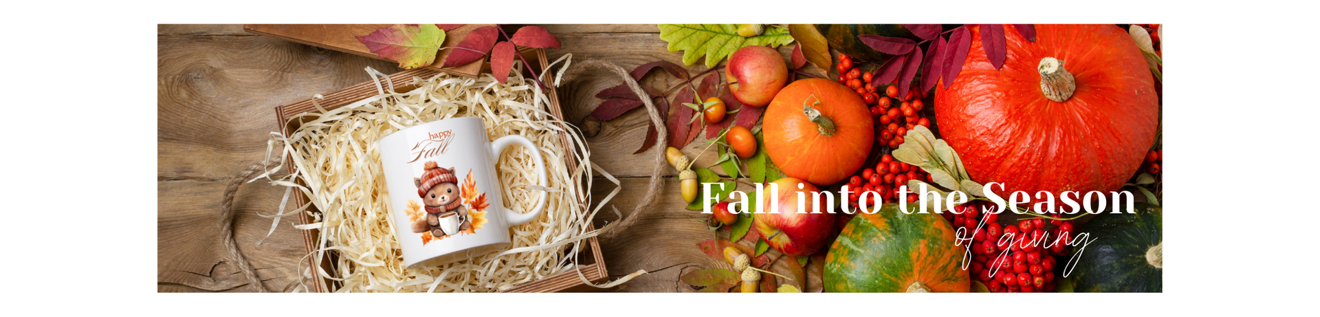  fall table scene with gift mug and fall into the season of gifting title