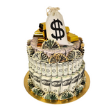 CASH CAKE - $250 VERSION: A two-tiered cake made of genuine US currency, topped with a money bag, ideal for impressive gifting occasions.