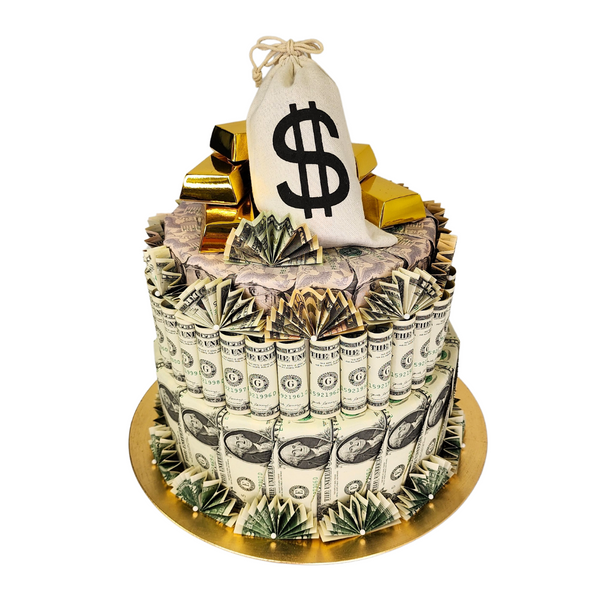 CASH CAKE - $250 VERSION: A two-tiered cake made of genuine US currency, topped with a money bag, ideal for impressive gifting occasions.