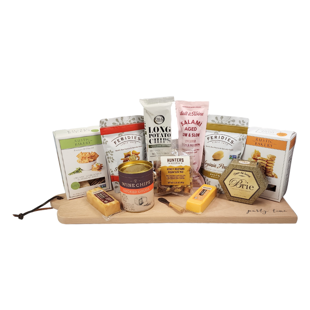 Charcuterie Starter Gift featuring assorted cheeses, crackers, and spreads on a Party Time engraved board, perfect for gifting and entertaining.