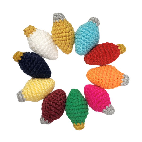 CHRISTMAS BULB CATNIP TOYS, SET OF 3: Knitted Christmas light-shaped toys filled with organic catnip, perfect for cats of all sizes, supporting local and national cat rescues.