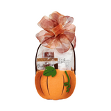 DELIGHTFUL HARVEST: A pumpkin-shaped basket with a bow, filled with assorted snacks and teas, perfect for seasonal gifting by Celebratopia.