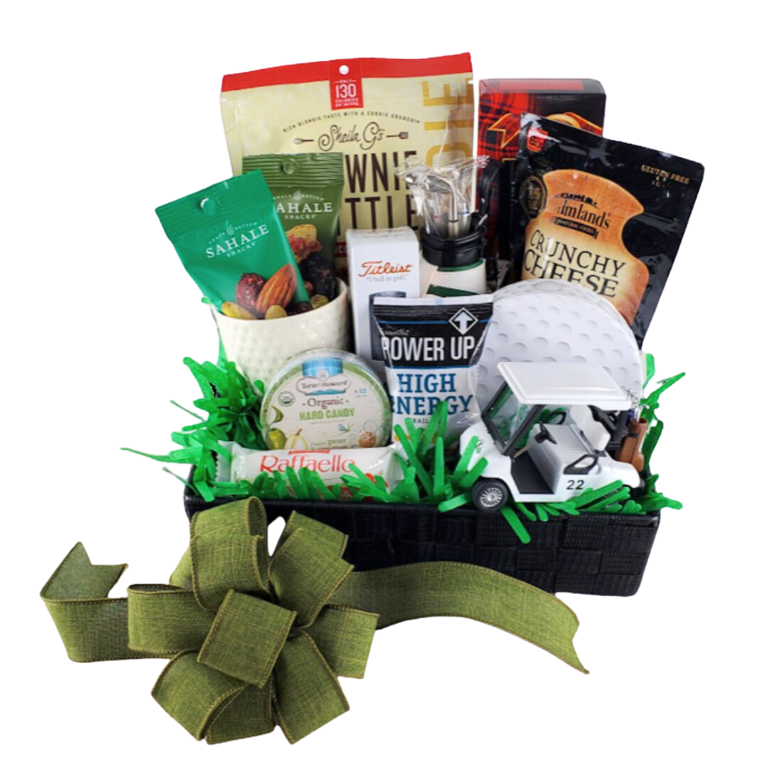 FAIRWAY SNACKS gift basket with assorted sweet and salty treats, golf-themed items, and a green ribbon, perfect for gifting or raffle prizes.