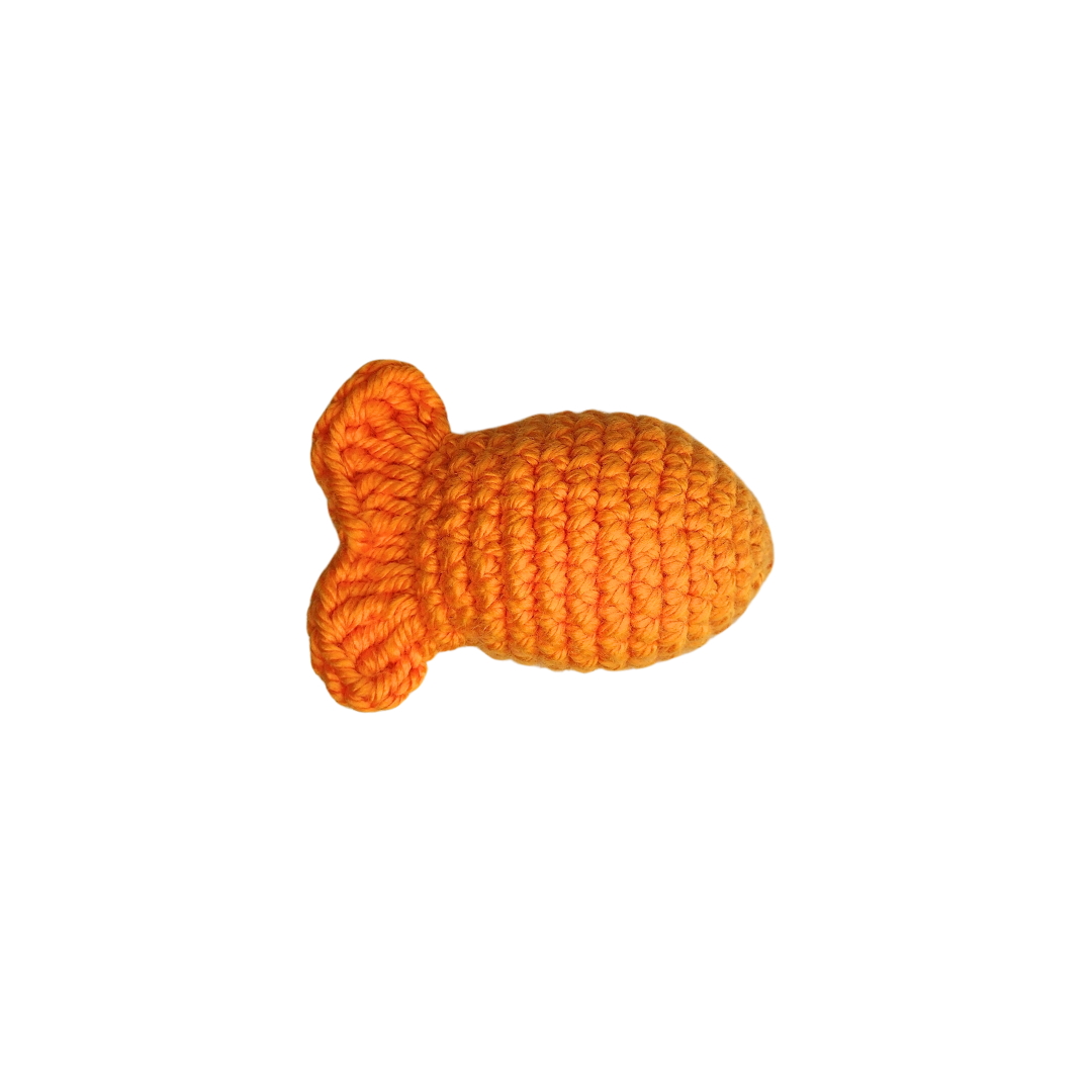 Fishy Catnip Toy, a knitted fish-shaped toy for cats, filled with organic catnip and silver vine, crafted from durable yarn. Perfect for playful cats.