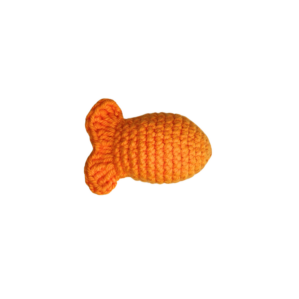 Fishy Catnip Toy, a knitted fish-shaped toy for cats, filled with organic catnip and silver vine, crafted from durable yarn. Perfect for playful cats.