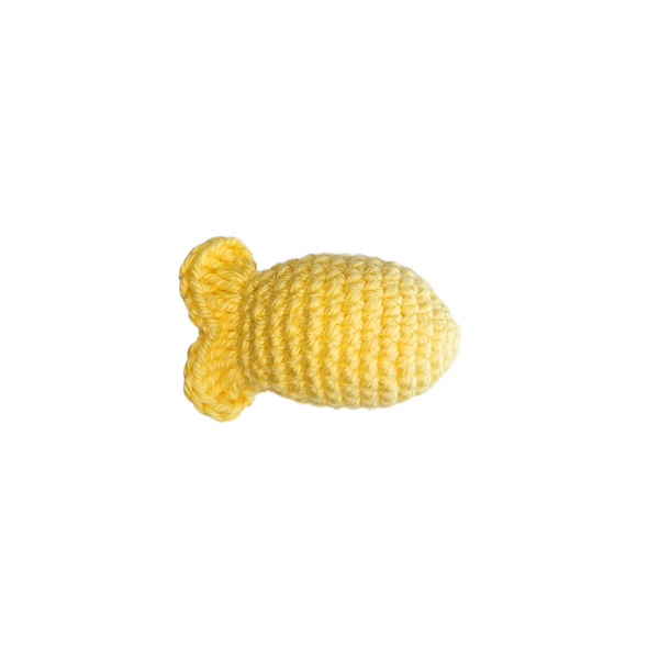 Fishy Catnip Toy, a yellow knitted pineapple-shaped toy, filled with organic catnip and silver vine, designed for cats to kick and toss.