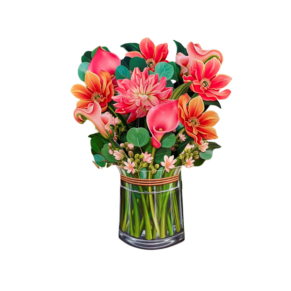 Dahlia Bouquet Pop Up Greeting Card features life-like dahlias, calla lilies, and eucalyptus in a vase, perfect for personalized gifting from Celebratopia.