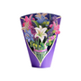 Lilies & Lupines Pop Up Card showcasing a vibrant bouquet of life-like flowers in a purple vase, made from recycled paper, perfect for thoughtful gifting.